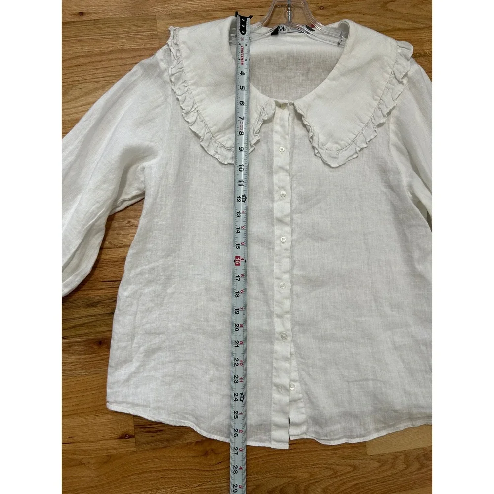 Zara Ruffled Peter Pan Collar Linen Blouse Women Medium White Cottagecore